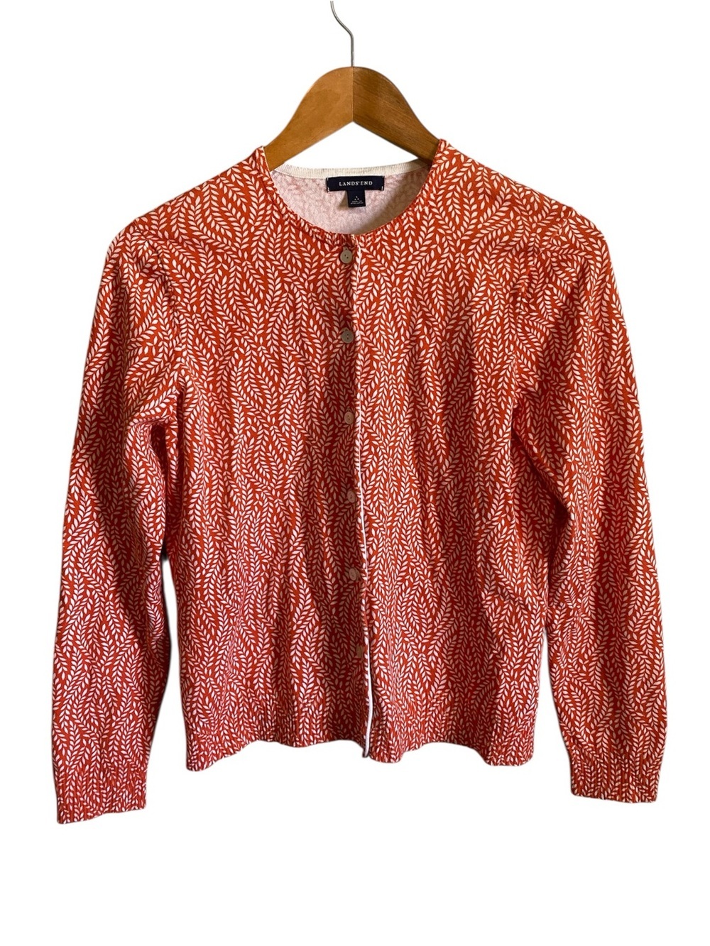 Lands’ End Orange White Vine Leaf Print Cotton Cardigan Small P Preppy Classic